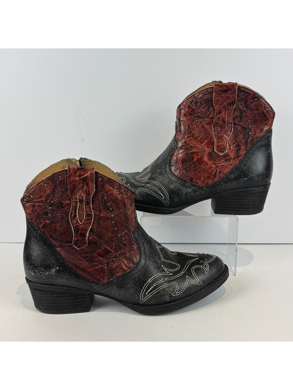 Sterling River Boots Western Cowgirl Red Black Distressed Studded Womens Sz 10 M - Picture 2 of 11